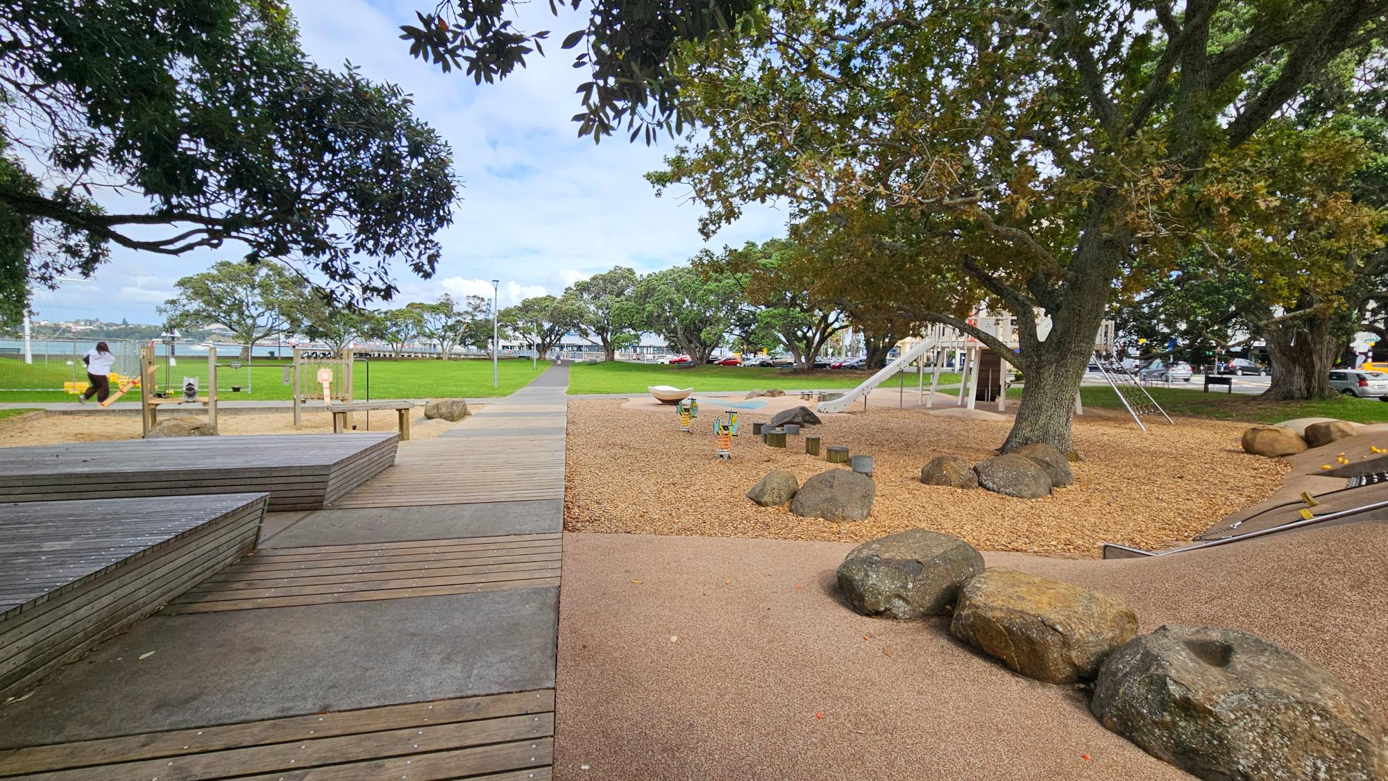 Sandy beach and open foreshore beside Devonport Playground on Auckland's North Shore