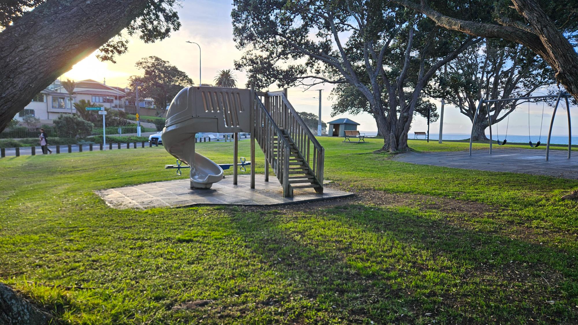 Slide and beach outlook at Narrow Neck Beach Playground