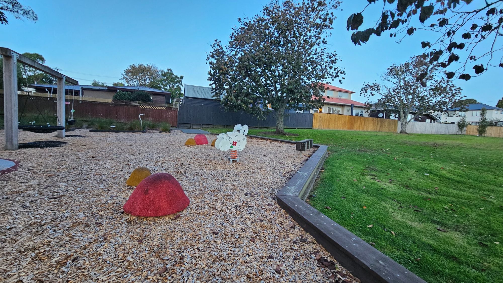 There are adorable, spring-loaded bouncy sheep rides and cute little mushroom-shaped stepping blocks on the ground that are perfect for tiny tots