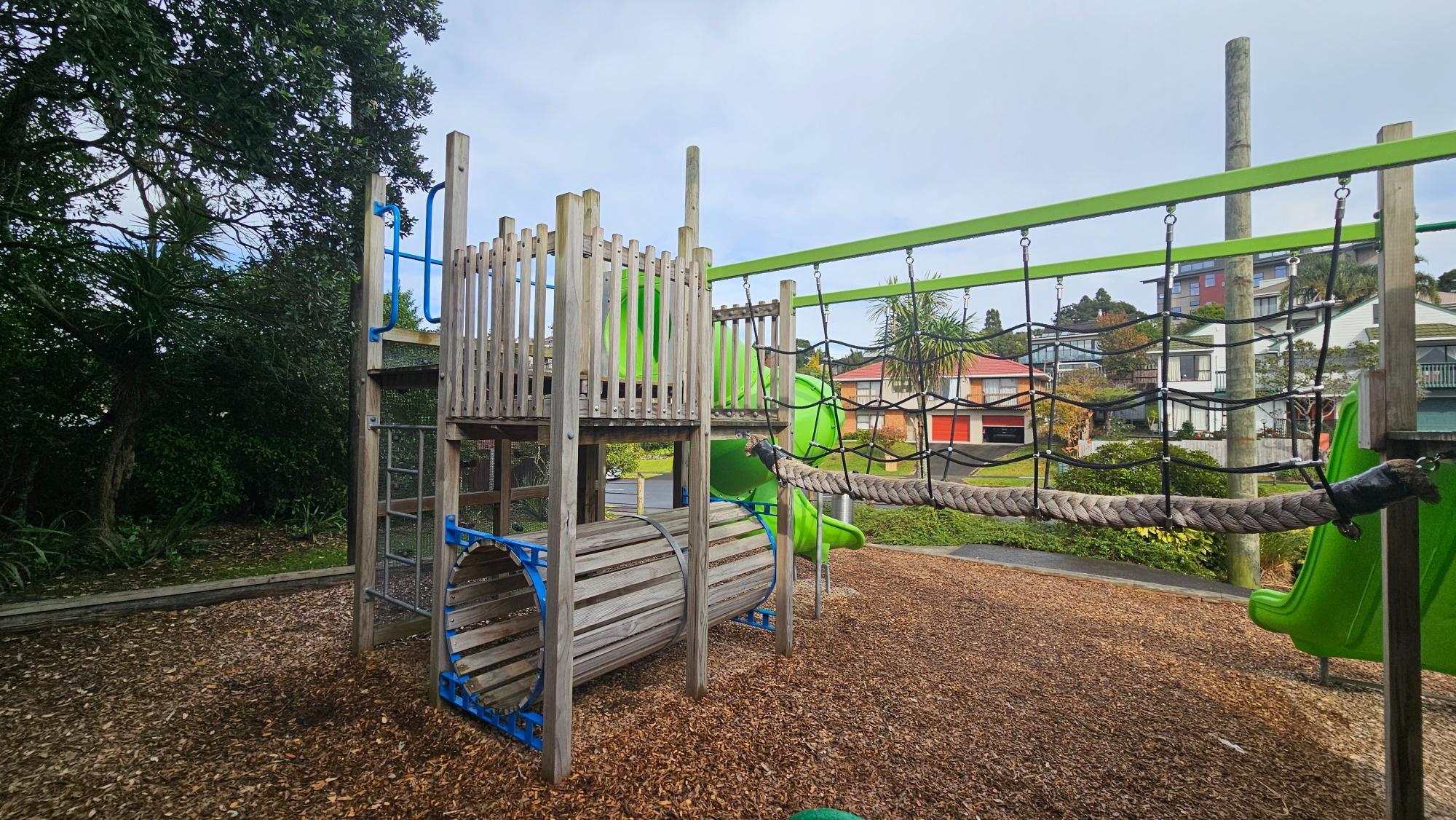 Wooden play equipment at Portsea Reserve Playground
