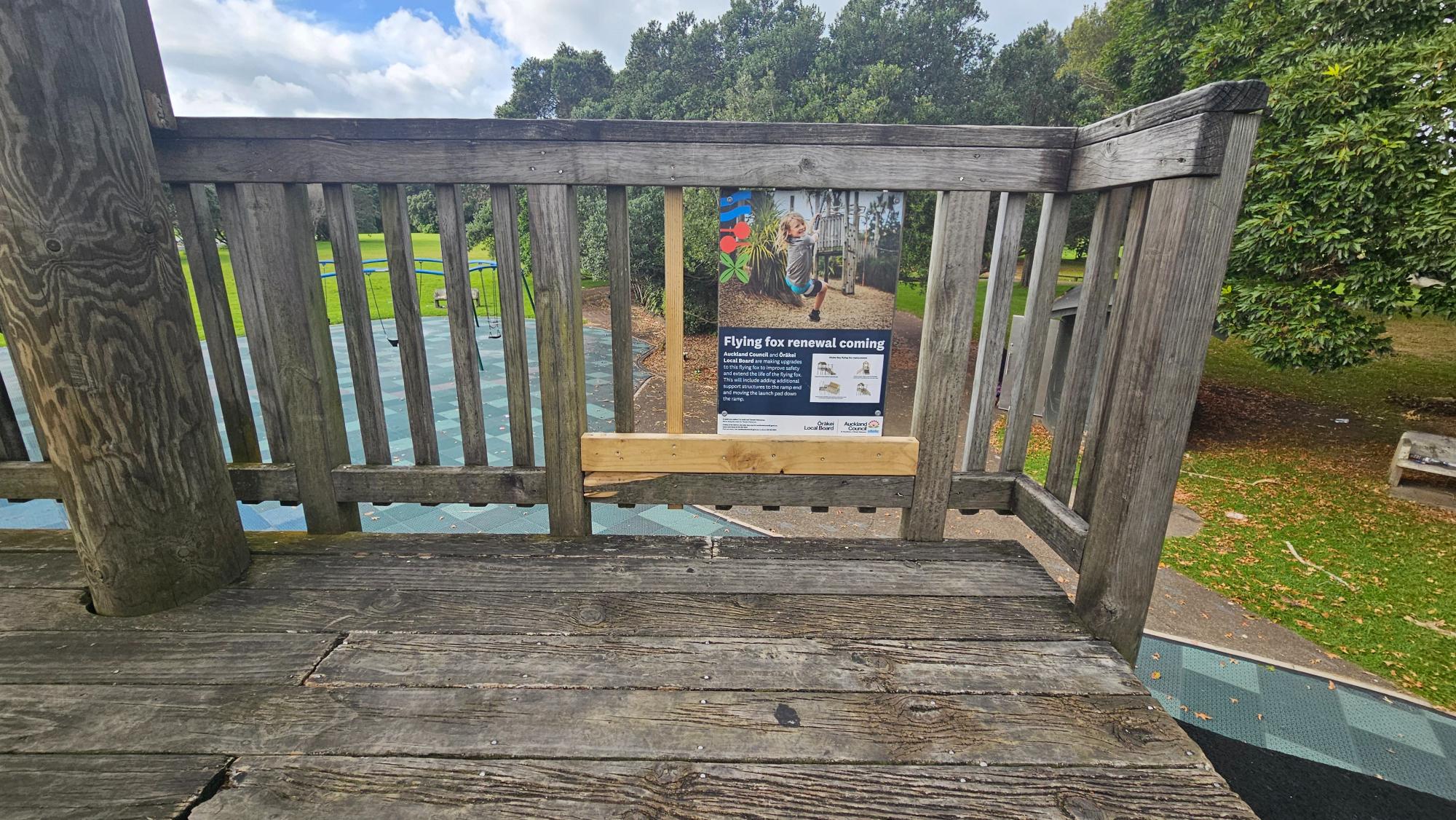 On-site sign marking the flying fox closed for renovation
