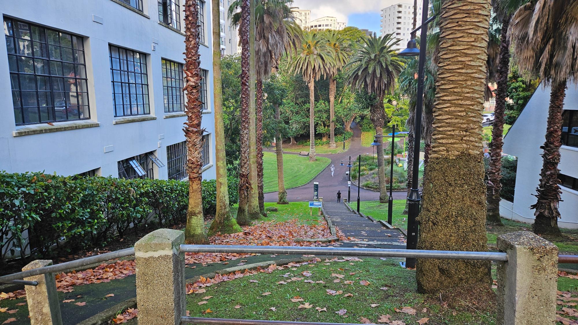 Stairs from Greys Avenue down toward the playground — no wheelchair or pram access on this route; essential to know if you park on Greys Ave