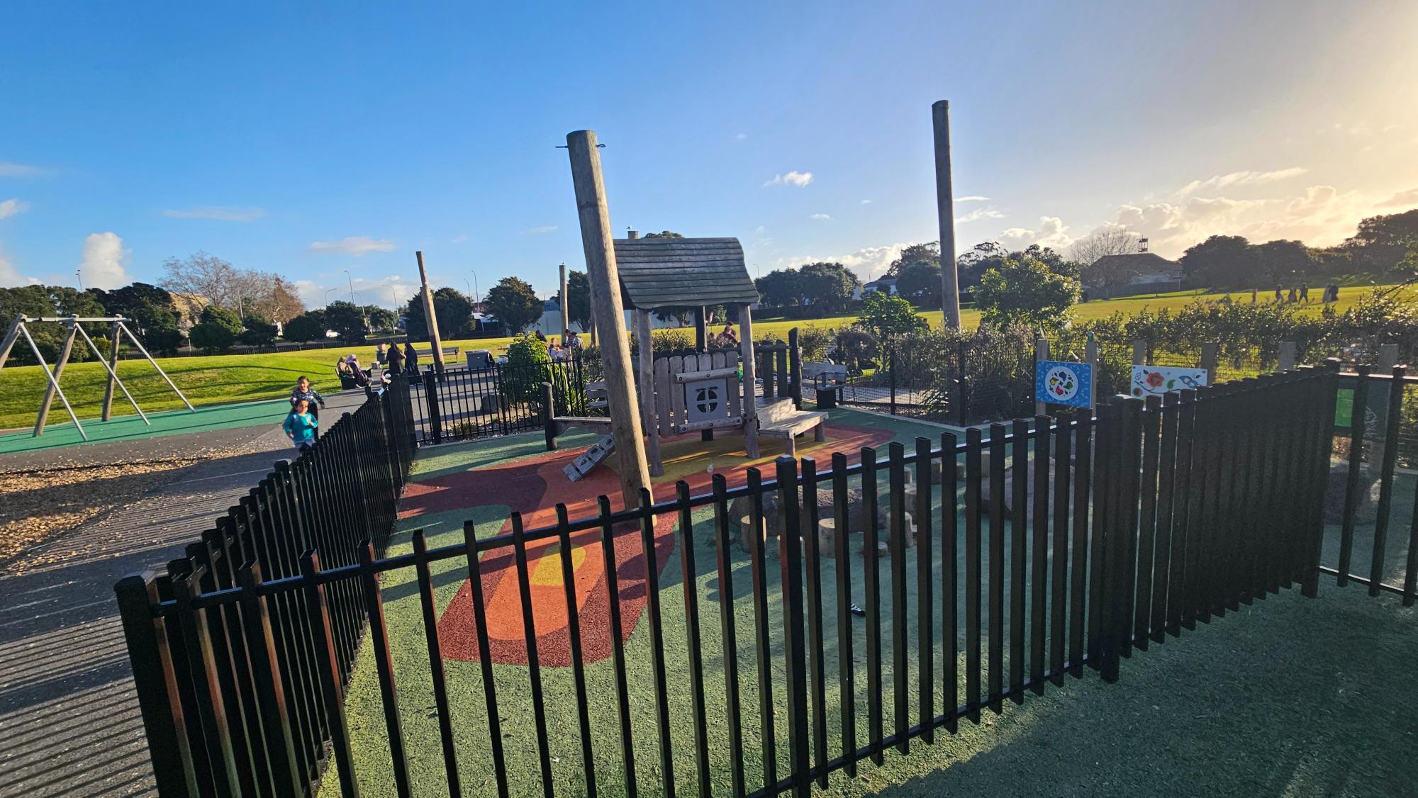 Fully fenced toddler play area, right beside the parking and very pram-friendly thanks to the rubber flooring