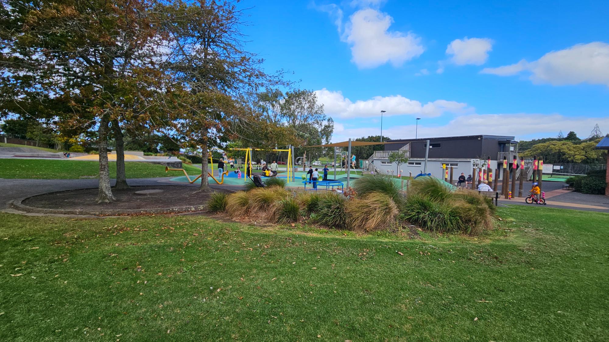 Marlborough Park Playground — wide grounds with rubber surfacing throughout, and enough space to let kids roam without feeling cramped