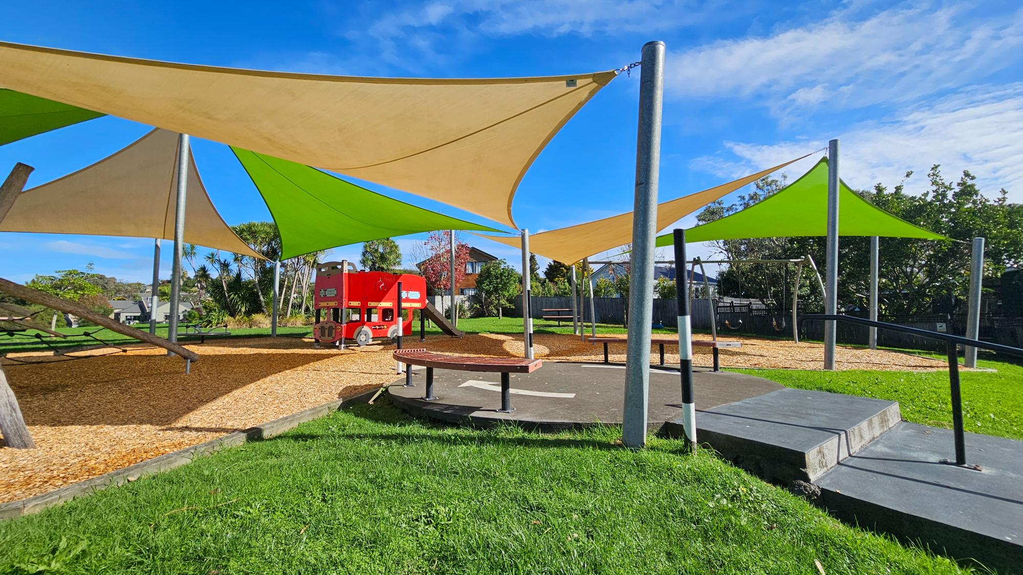 Six shade sails span the play area — the best shade coverage we have seen at any playground we have visited so far