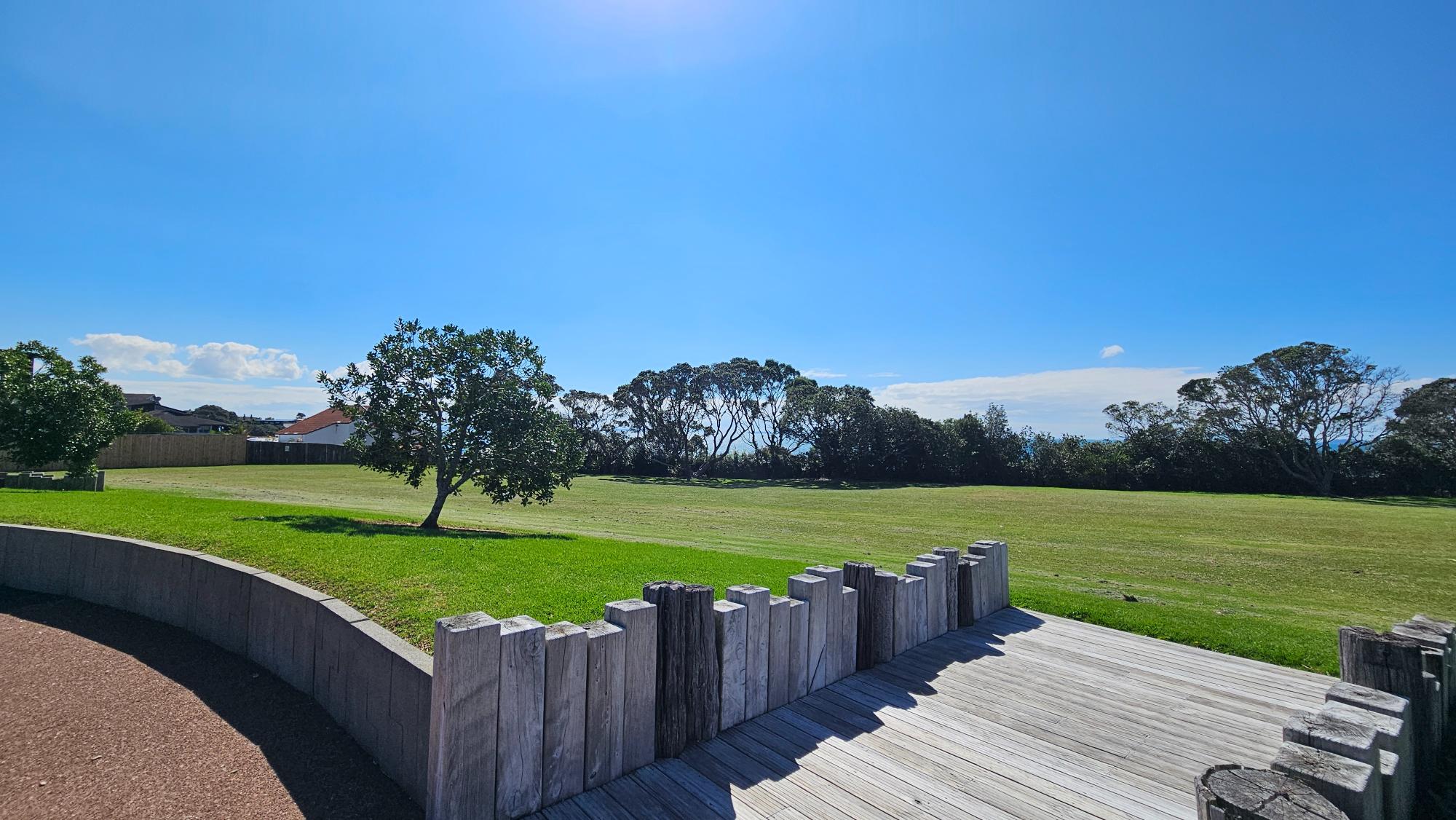 There's a big grassy field right next to the playground — lots of space to pick a spot and lay out a picnic mat