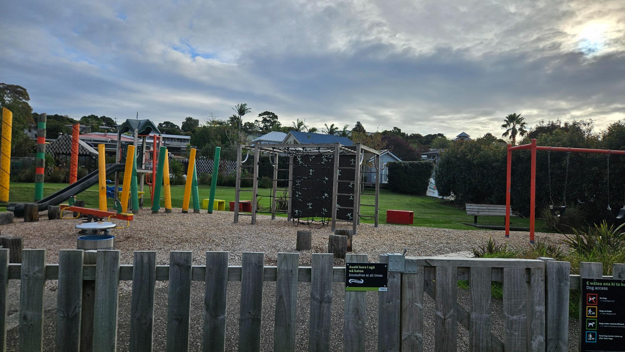 Fenced layout with climbing wall, cargo nets, and multi-level tower at Seine Reserve