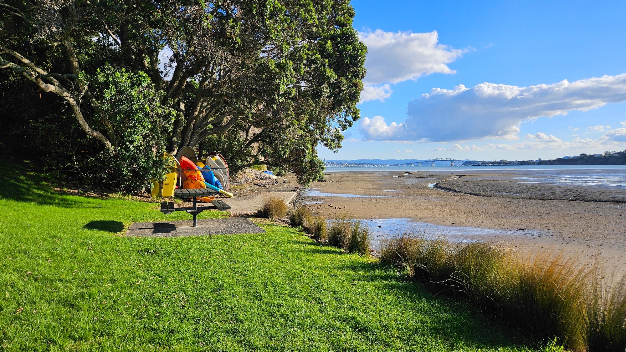 Waterfront outlook from Holloway Reserve toward Auckland CBD skyline