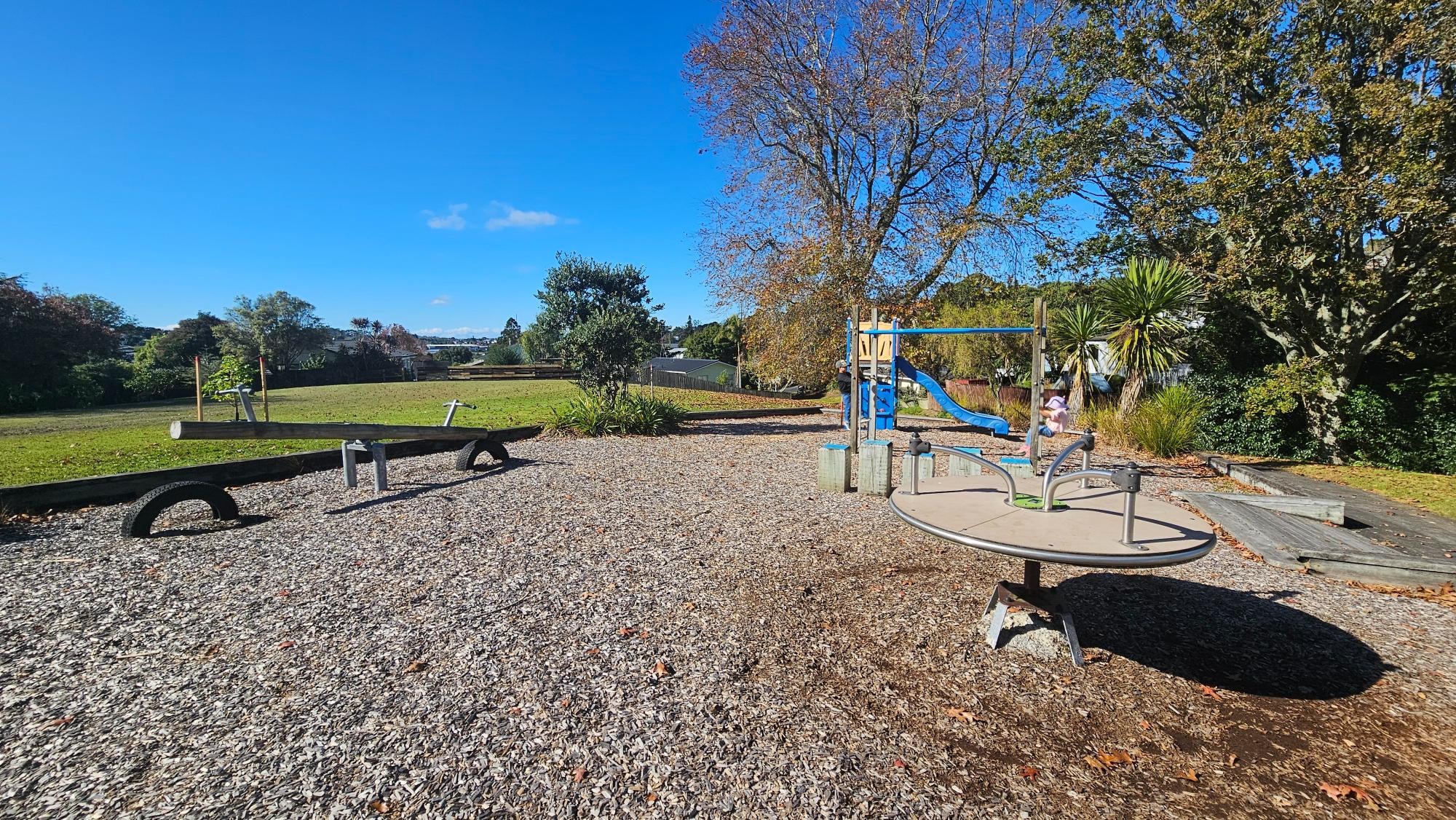 Slide, swings, and classic play equipment at Teviot Reserve