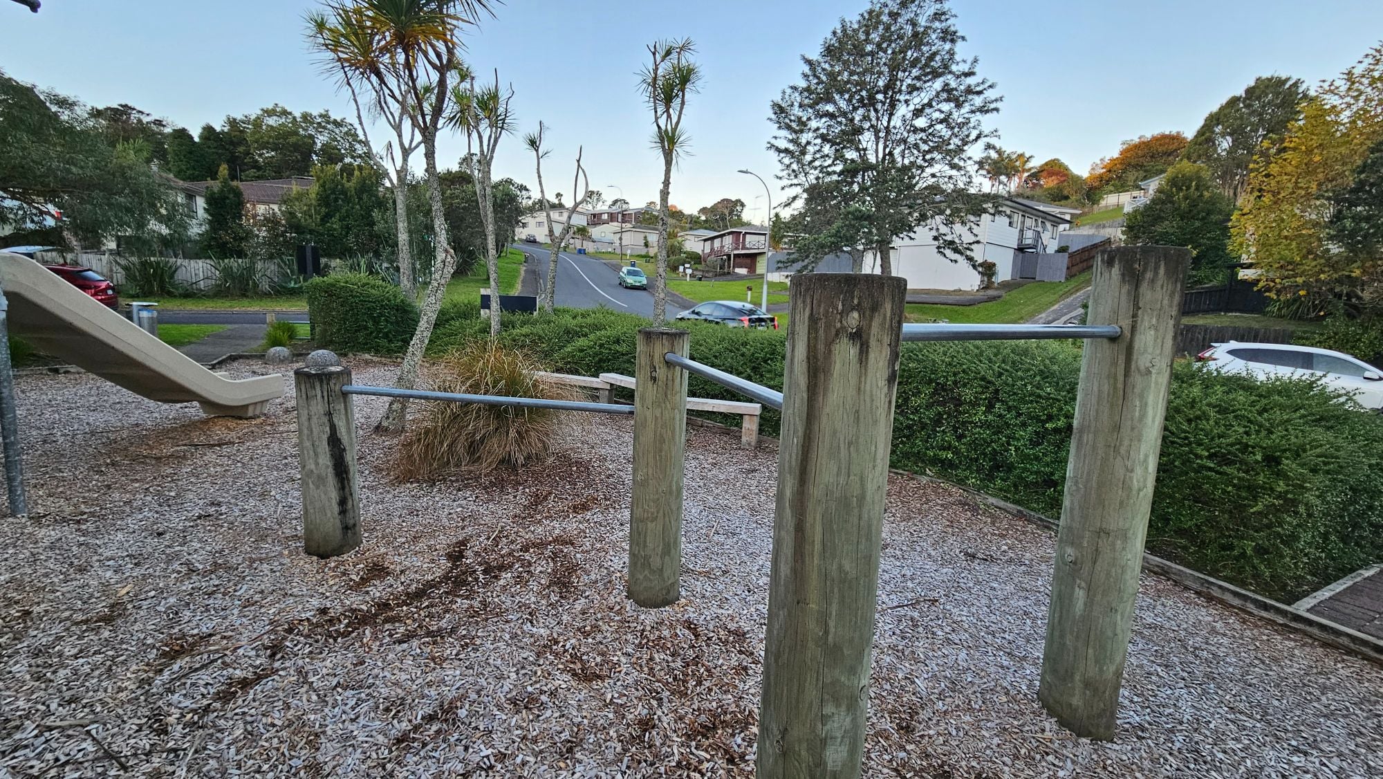 Kids can use three chin-up bars set at different heights.