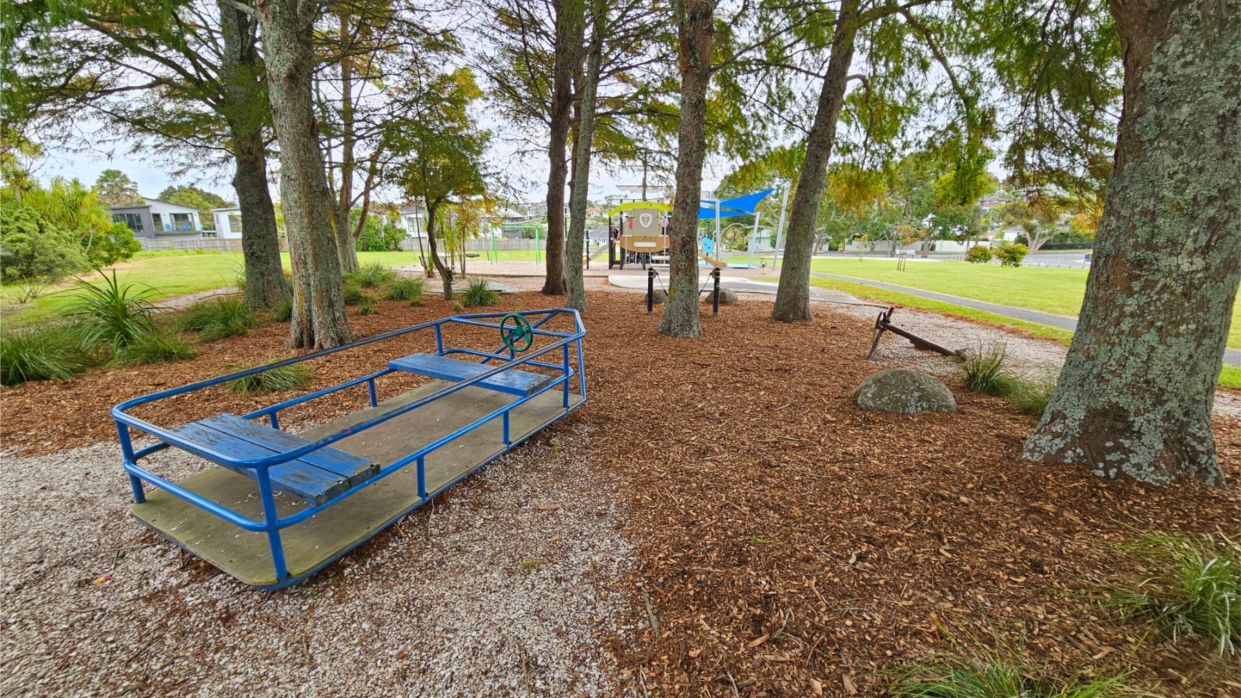 Ship-themed play detail at Montgomery Reserve Playground for toddlers and older children