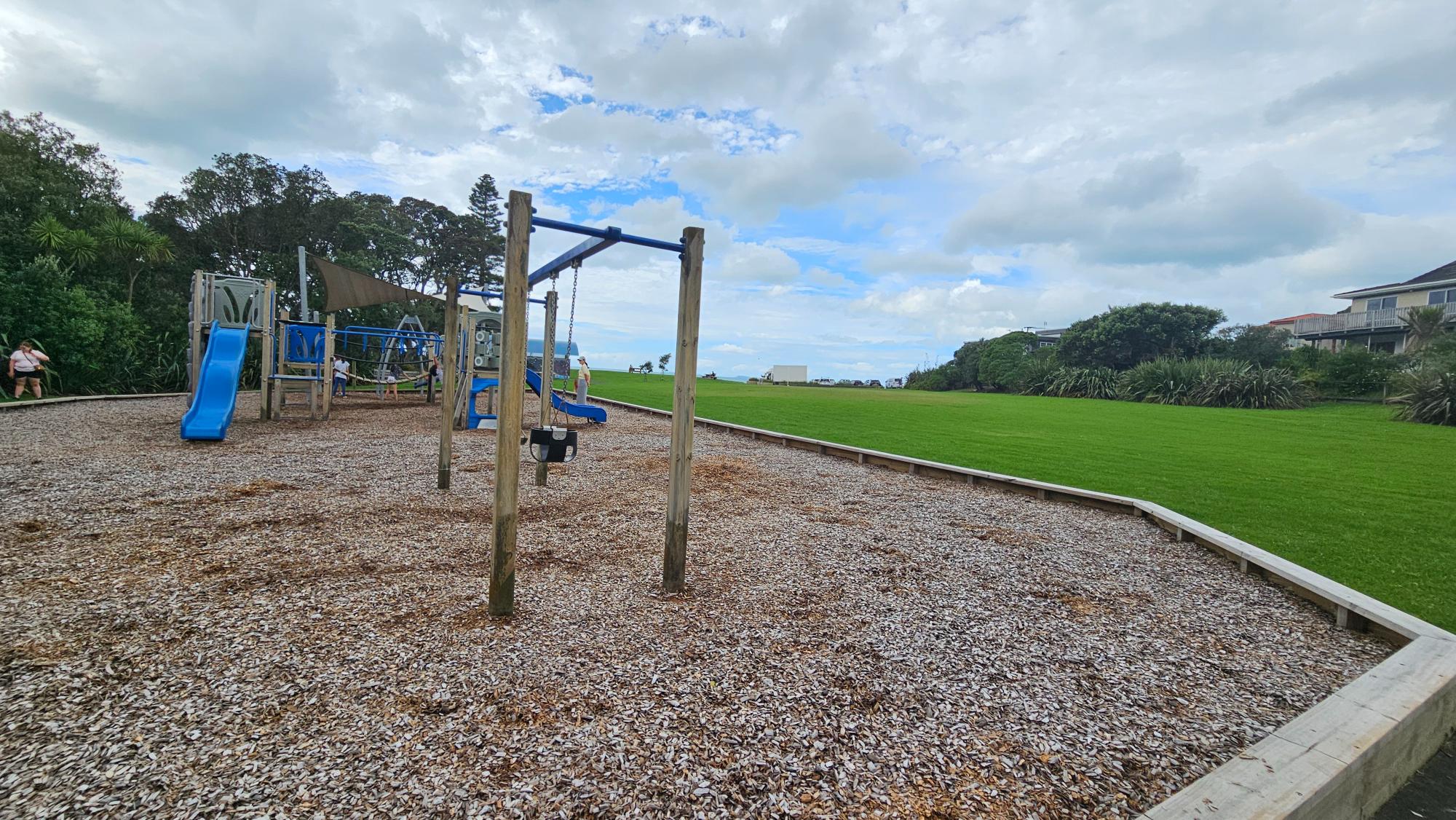 Wide grassy reserve beside the playground and beach, ideal for running and free play